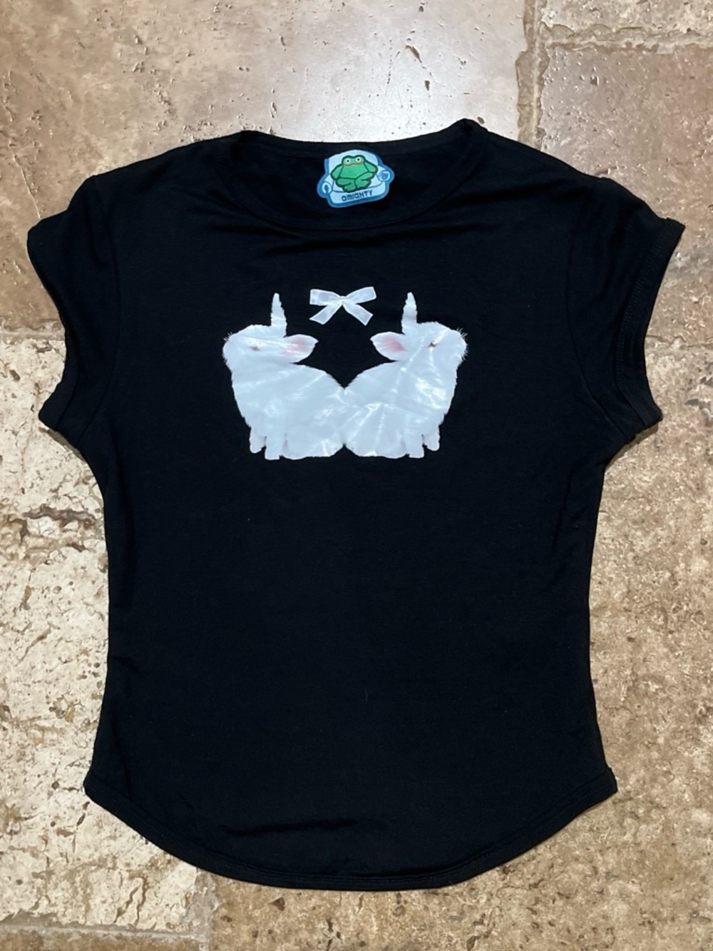 S omighty Black Baby Tee with White Bunny Graphic